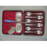 A set of six silver tea spoons, two silver wine ladles, one engraved, a silver plated wine ladle and
