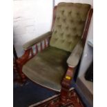 A Victorian walnut framed armchair with green upholstery and buttonback support Location: BWR