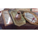 Two mid 20th century wall mirrors, a copper jug, an Eastern brass twin handled tray and a horn