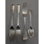 A group of Victorian silver flatware to include an entree fork and spoon, London 1845, together with