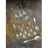 A selection of Georgian, Victorian and later silver spoons and a fork, mixed dates and makers, total