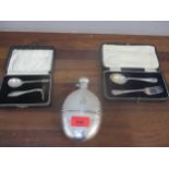 A Victorian silver plated hip flask, a James Deakin silver christening spoon and fork in case