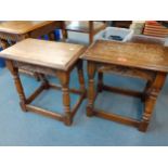 A pair of oak refectory style stools with carved aprons 43cm h Location: A1B