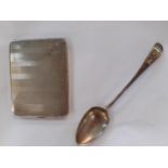 A silver cigarette box with engine turned decoration, and a 19th century silver dessert spoon 182g