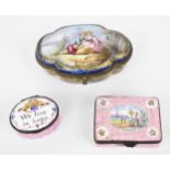 A French Sevres style porcelain trinket box, lobbed shaped with a hand painted courting scene to the