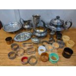 Silver comprising a pair of condiments 70g, silver plated tea set, napkin rings and other items