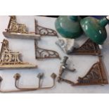 Mixed architectural and interior salvage items to include metal brackets and two green enamelled