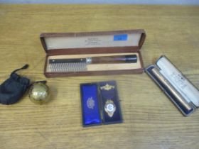A vintage Spot rolled gold fountain pen with 14ct gold nib, original box, a cased gilt metal and