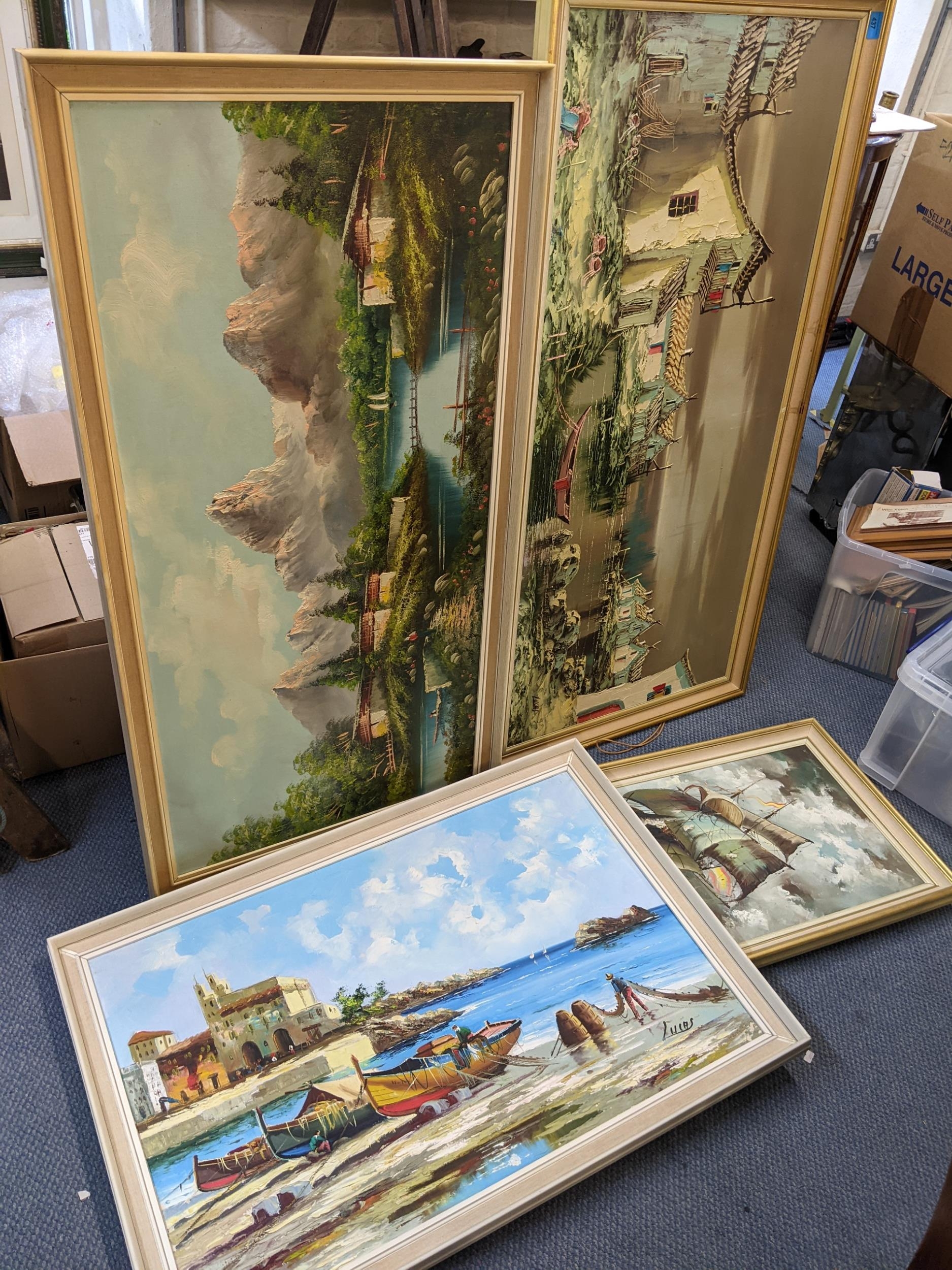 Four mixed oil paintings to include one depicting an Asian landscape lake scene with mountains to