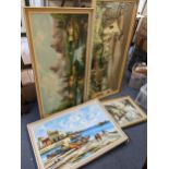 Four mixed oil paintings to include one depicting an Asian landscape lake scene with mountains to