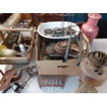 Mixed vintage metalware, scales with weights, a trug, a late 20th century pink table lamp and