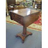 A Victorian mahogany work table with two drawers, fall flaps and on scroll feet, 71cm h x 50cm w