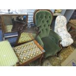 Mixed furniture to include a Victorian button back chair, Chippendale style mirror, piano stool