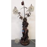 A composition and metal three branch table lamp in the form of a classical female, signature to