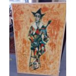 Lignon - a screen print on canvas of a seated clown playing the guitar, signed lower right hand