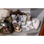 A mixed lot to include pewter, retro coffee pots, a Royal Doulton 'The Bridesmaid' figure HN2196,
