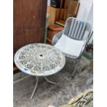 An aluminium white painted garden table, 66cm h x 69cm w, together with a set of six garden