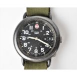A Swiss Army gents quartz, stainless steel wristwatch having a black dial with centre seconds,