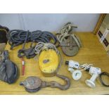 A box of sailing ropes, cameras and sailing rigging, along with a carriage whip Location: