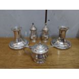 An early 20th century silver three-piece condiment set 160g, together with a pair of silver plated