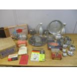 A mixed lot of metalware and retro kitchen and household items to include Selangor Pewter tea set,