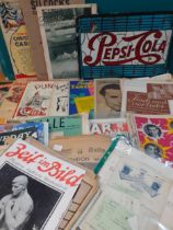 Vintage ephemera to include receipts, a Pepsi Cola cardboard advertising sign, magazines and music