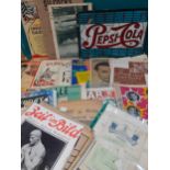 Vintage ephemera to include receipts, a Pepsi Cola cardboard advertising sign, magazines and music