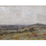Thomas Hunn - an extensive landscape with St Martin Chapel with Hindhead in the background,