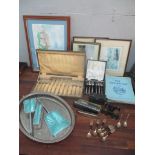 A mixed lot to include silver plated cutlery, enamel dressing table set, framed pictures, a Hohner