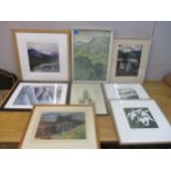 A group of framed and glazed watercolours, signed limited edition prints, an etching, and mixed