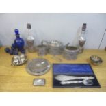 A selection of silver, silver plate and glassware to include a silver cigarette case, a three