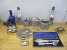 A selection of silver, silver plate and glassware to include a silver cigarette case, a three