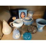 Wedgwood blue Jasperware ornaments, millefiori glass paperweights and other collectables Location: