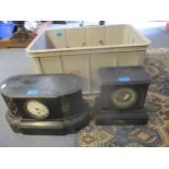 Two Victorian black slate and marble cased mantel clocks A/F, and a box of various clock movements