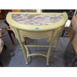 A Swedish marble topped and green painted demi lune side table, 86cm h x 84.5cm w, together with a