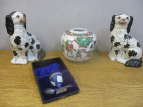 Ceramics to include an Edwardian Wedgwood blue jasper egg cup with silver rim and matching spoon, in