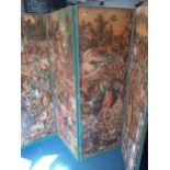 A Vintage 4-fold screen with decoupage to one side and green fabric to the other