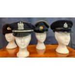 Four Worldwide police, army and marine patrol hats comprising a Russian army Genka Winter hat,