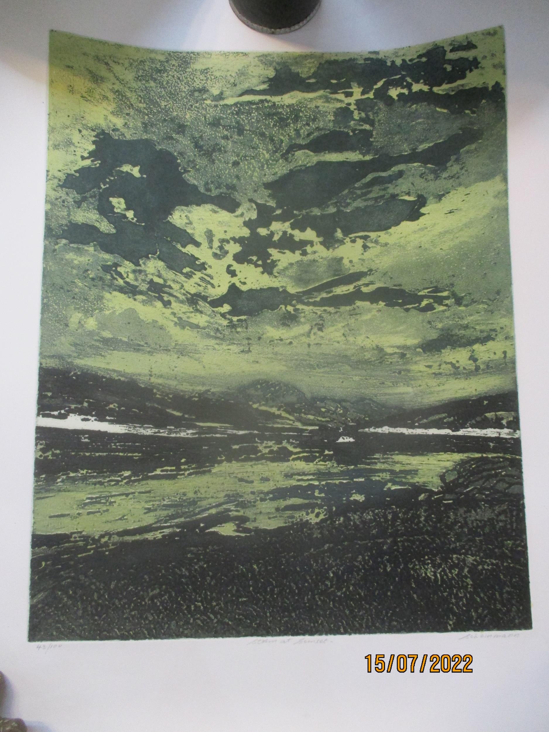 A mixed lot to include Scheinmann - Storm at Sunset limited edition print 43/100, unframed 71cm x