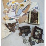 A mixed lot of coins and stamps to include a quantity of Victorian and later pennies, George V and