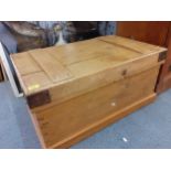 A small pine chest with iron brackets and side handles, 40cm h x 80cm w x 50cm d Condition: woodworm