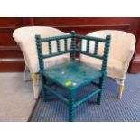 A mid 20th century green painted bobbin turned child's corner chair together with a pair of child'