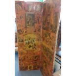 A folding vintage 2 panel screen with decoupage to one side and floral paper to the other A/F,