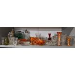 A selection of glassware to include Carnival ware, claret jug, decanter, Whitefriars vase and