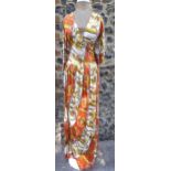Hermes-A 'Hermes Sport' full length dress in orange, gold and white tones depicting images of