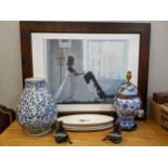 Interior pieces to include a Chinese blue and white vase, a lamp, two Oka tealight holders, a