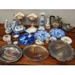 A mixed lot to include silver plated teapot, Mappin & Webb tray, Continental vases, Nao and other