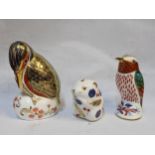 Three Royal Crown Derby paperweights to include two birds and a mouse gold stoppers Location: