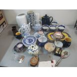 A mixed lot to include Wedgwood Adams cups, a cigarette case, a Chinese stand, badges and other