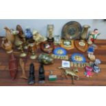 A mixed lot to include a Doulton Lambeth jug, brass candlesticks, two insurance plaques and other